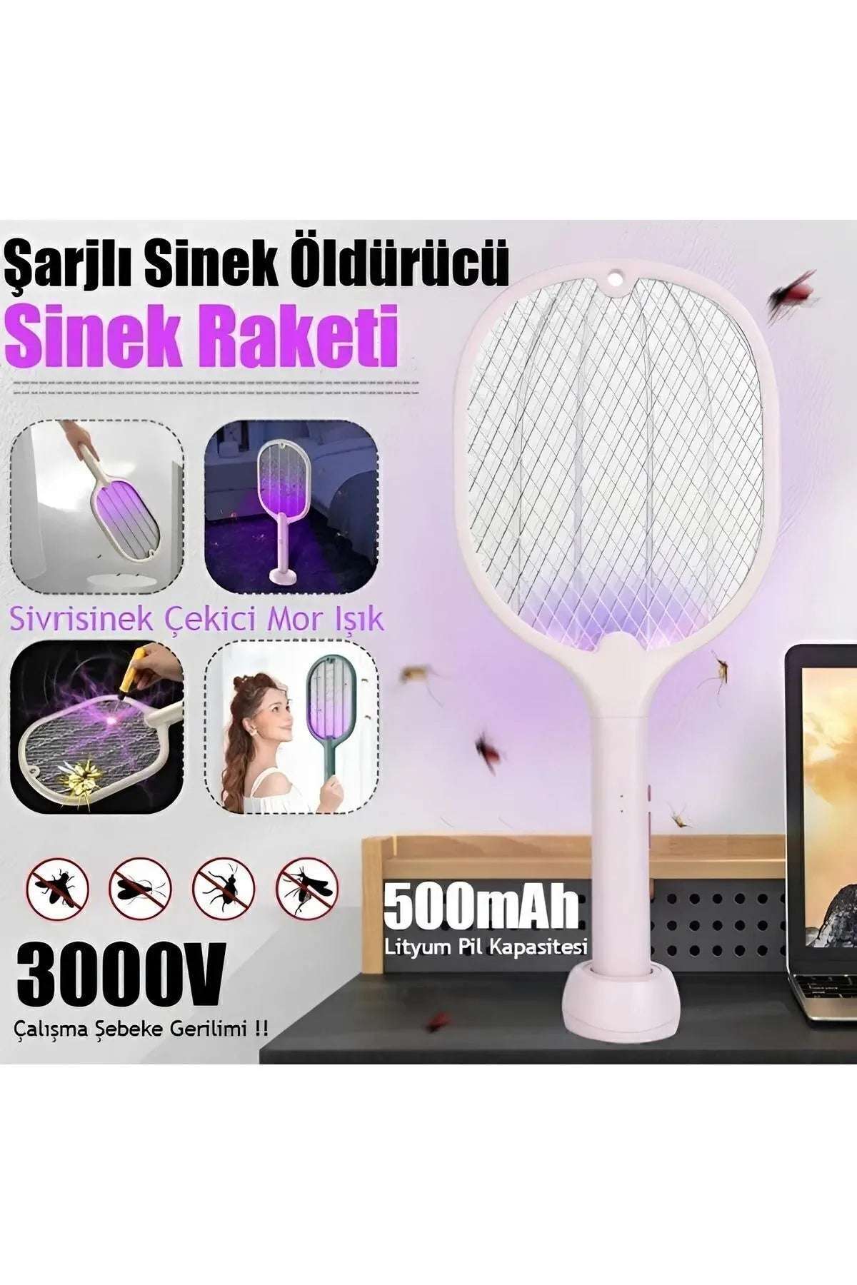 PREMİUM  Şarjlı Elektrikli Sinek, Sivrisinek ve Böcek Öldürücü Raket | Mor Işıklı, dekoratif, Taşınabilir, Güvenli Kullanım