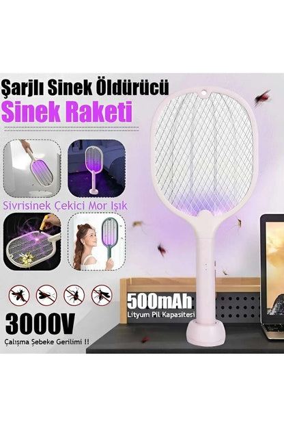 PREMİUM  Şarjlı Elektrikli Sinek, Sivrisinek ve Böcek Öldürücü Raket | Mor Işıklı, dekoratif, Taşınabilir, Güvenli Kullanım