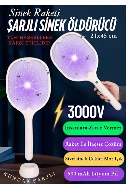 PREMİUM  Şarjlı Elektrikli Sinek, Sivrisinek ve Böcek Öldürücü Raket | Mor Işıklı, dekoratif, Taşınabilir, Güvenli Kullanım