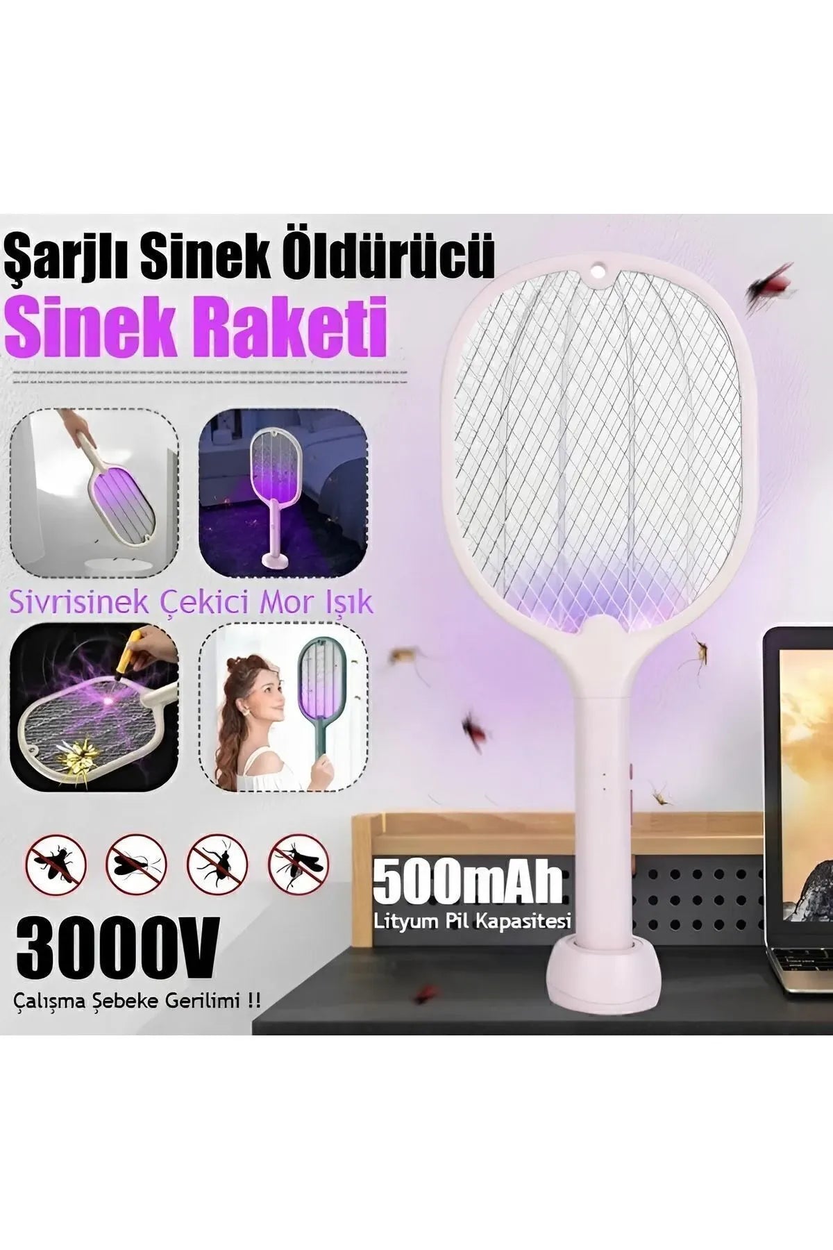 PREMİUM  Şarjlı Elektrikli Sinek, Sivrisinek ve Böcek Öldürücü Raket | Mor Işıklı, dekoratif, Taşınabilir, Güvenli Kullanım