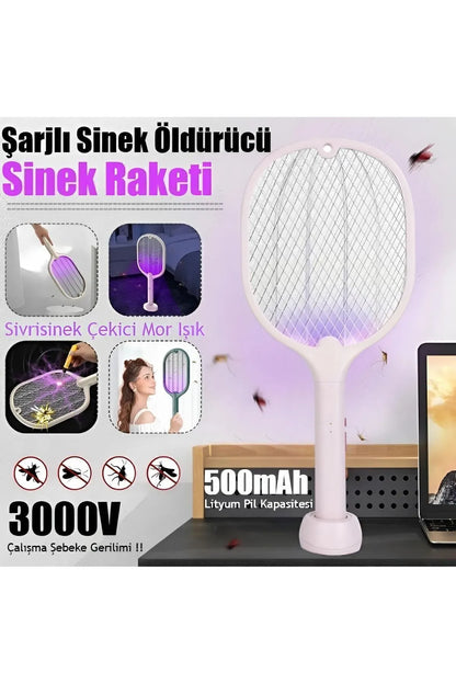 PREMİUM  Şarjlı Elektrikli Sinek, Sivrisinek ve Böcek Öldürücü Raket | Mor Işıklı, dekoratif, Taşınabilir, Güvenli Kullanım